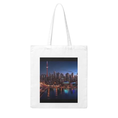 (Cityscape Night Canada) Reusable Canvas Tote Bag For Women Shoulder Bag For Shopping Grocery Beach Travel Work