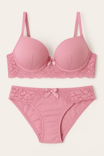Image of Women's Elegant Lace Trim Padded Lingerie Set with Bow Detail, Push-Up Bra and Matching Panty, Available in six Colours