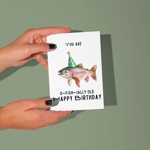 Geburtstagskarte für Angler mit Umschlag - O Fish ally Old Anglergeburtstag Fisch Geburtstag Partyhut Grußkarte (DIN A6)