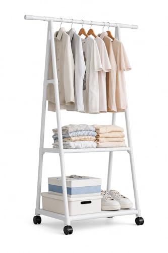 Image of AARKRI SALES 3-Tier Clothes Rack with Wheels, Double Hanging Rod Garment Rack, Multi-Layer Shoe Storage Organizer, Heavy Duty Metal Frame with Hooks for Bedroom Entryway (Triangular Shoe and Hat Rack)