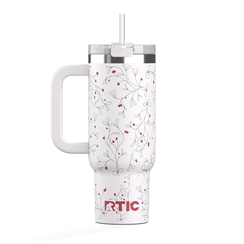 RTIC 30 oz Road Trip Tumbler Double-Walled Ceramic Lined InsulatedStainless Steel Portable Travel Coffee Mug Cup with Lid, Handle and Straw, Mistletoe