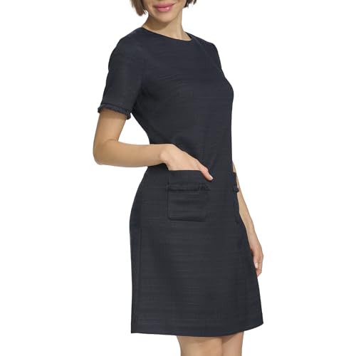 Image of Tommy Hilfiger Women's Pleated Trim Short Sleeve High Neck Shift Mini Dress