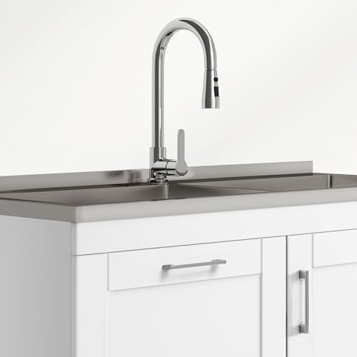 Image of SIMPLIHOME Modern Wide Shaker All-in-One 46 inch Wide Utility Sink and Laundry Cabinet in Glacier White Finish, Transitional Stainless Steel Sink Cabinet for Laundry Rooms with High-Arch Chrome Faucet