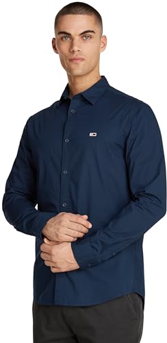 Tommy Jeans Camisa Hombre Poplin Shirt Manga Larga, Azul (Dark Night Navy), M