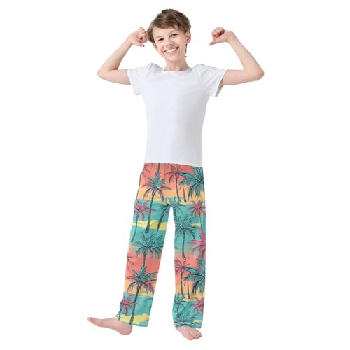 ZZXXB Colorful Palm Tree Boys Long Pants Soft Trousers Elastic Waist Kids Lounge Bottoms with Pockets S-XL2