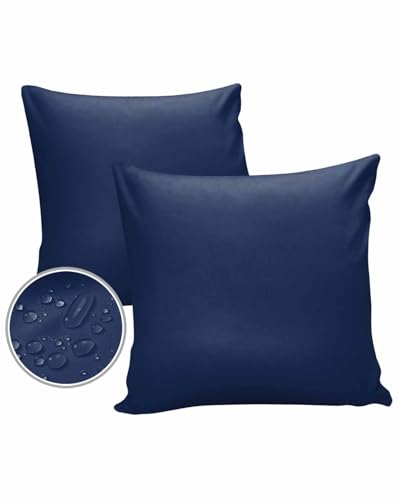 Navy Blue Waterproof Outdoor Throw Pillow Covers 18''x18'' Pack 2, Pillow Cases Throw Cushion Cover with Hidden Zipper Pure Blue Solid Color Simple Minimalism Art Washable Pillowcase for Poolside Sofa
