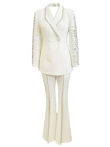 Elegant Beading Embellished Rhinestone 2 Pcs Women Suits Set Blazer＆Pant Evening Party Tuxedos Lapel Wedding Suits Set