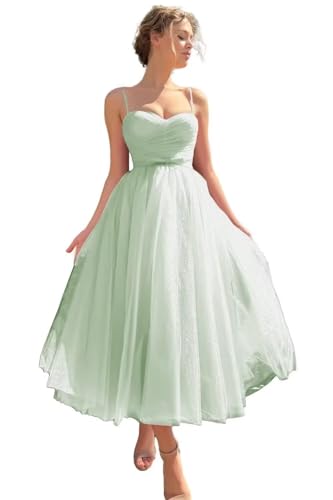Image of A line Ruched Tulle Prom Dress Spaghetti Straps for Women, Tea Length Sweetheart Homecoming Dress Cocktail Dress