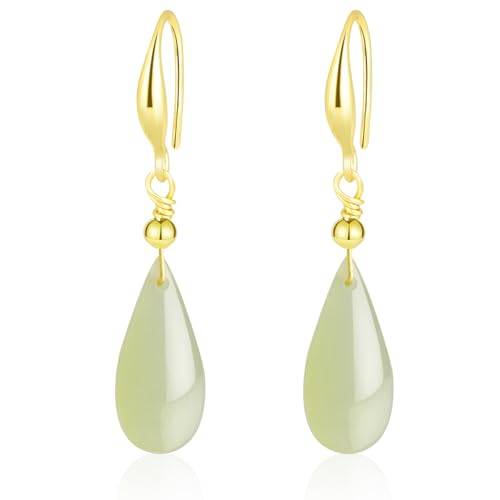 Natural Hetian Jade Earrings for Women, Teardrop Shape Dainty Lucky Green Jade Leaf Charm Pendant Jewelry Earrings, Handmade Ear Stud Earrings for Women Mom Her (925 Sterling Silver with Gold Plated)