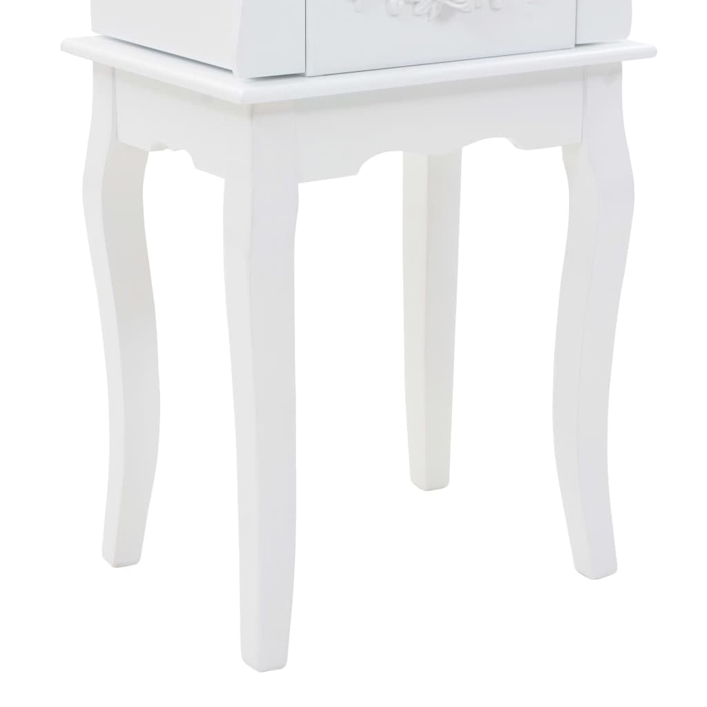 Wolnostojąca szafka na biżuterię, biała, 34 x 26 x 94 cm, płyta MDF i drewno sosnowe, elegancki mebel do salonu, sypialni, korytarza, wszechstronne przechowywanie biżuterii, akcesoriów