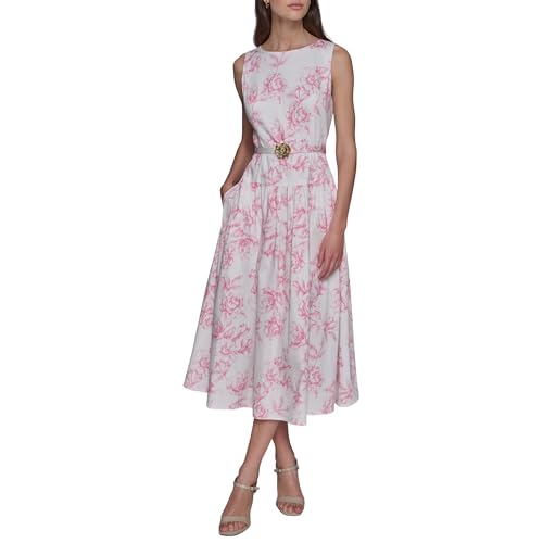 Image of Karl Lagerfeld Women's Sleeveless Boat Neck Drop Waist Belted Midi Dress
