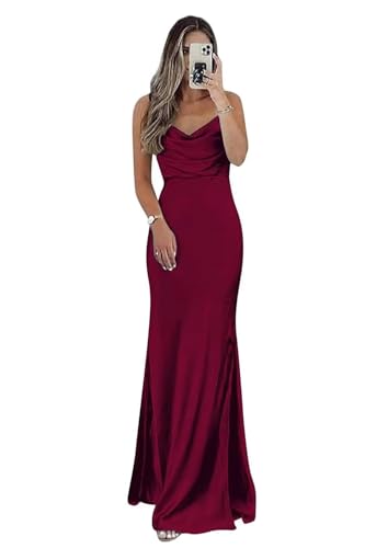 Cowl Neck Satin Bridesmaid Dresses Long Mermaid Prom Dress for Women Formal Evening Gown with Slit