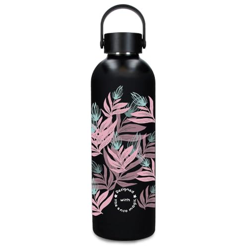 Bouteille en acier inoxydable noir Enso gourde réutilisable fleur feuilles