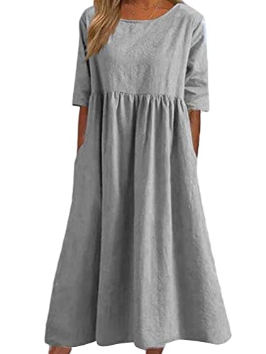 Onsoyours Vestido De Verano Vestidos De Lino De Mujer Casual Cuello De La Tripulación Manga Corta Vestido Casual Vestidos De Playa Vestido Largo Boho con Bolsillos Verano A Gris Claro 3XL