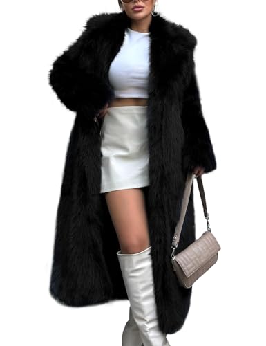 Flygo Womens Long Faux Fur Coats Winter Fluffy Open Front Luxury Overcoat Shaggy Lapel Long Sleeve Fuzzy Warm Cardigan Jacket(Black-XL)