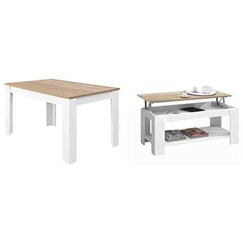 Habitdesign Comedor Extensible, Mesa salón o Cocina, Blanco Artik y Roble Canadian + 0F1639A Mesa de Centro Ambit con revistero Incorporado Cover