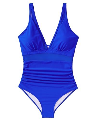 SUUKSESS Women Slimming Tummy Control One Piece Swimsuits Sexy Mesh High Waisted Monokini Bathing Suits (Royal Blue, M) - Image 4