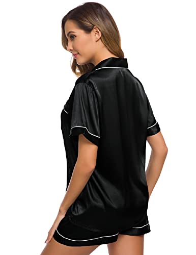 Swomog Womens Silk Satin Pajamas Set Two-Piece Pj Sets Sleepwear Loungewear Button-Down Pj Sets Black #TOP4