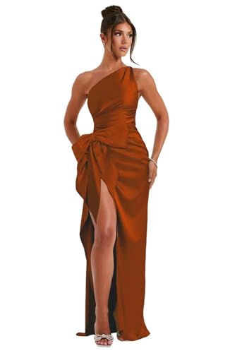 One Shoulder Prom Dresses for Womens High Slit Bridesmaid Dress Satin Mermaid Wedding Guest Gowns