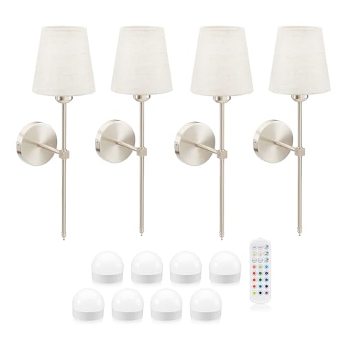 Auraglow Rechargeable Wireless LED Wall Light with Remote – Battery-Powered, Dimmable, Colour-Changing for Bedrooms & Living Rooms (Satin Nickel, Bundle: 4 Lamps, 8 Light Sources, 1 Remote)