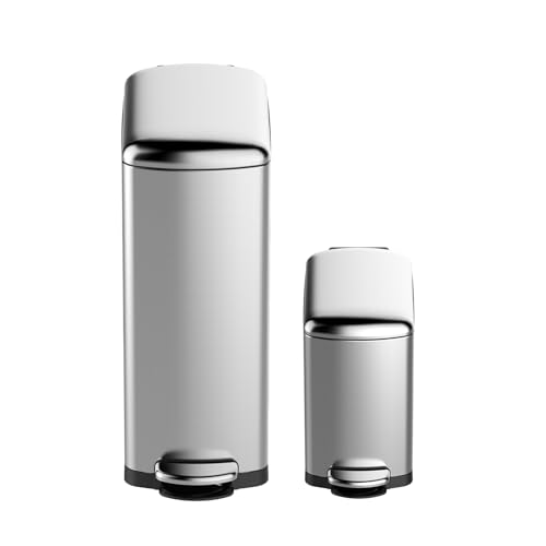 GarveeHome Slim Trash Can Set, 7.9 gal and 1.6 gal Stainless Steel Trash Can with Soft-Close Lid, Step On Waste Bins for Narrow Space