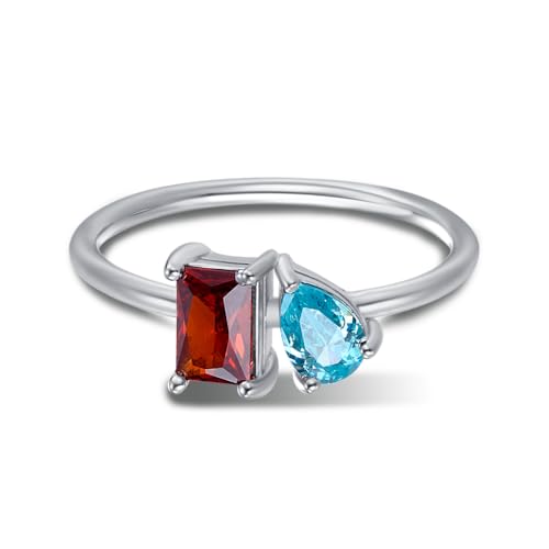 AILIN 925 Sterling Silver/Brass Custom 2 Birthstones Ring For Her Personalized Baguette Pear Cut Birthstone Rings For Women Promise Wedding Birthday Gifts For Mother Granddaughter