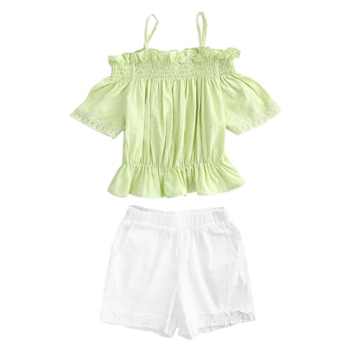 BILIKEYU Girls Summer Clothes Off Shoulder Spaghetti Straps Tops and Elastic Waist Ruffle Shorts for Kids 8 to