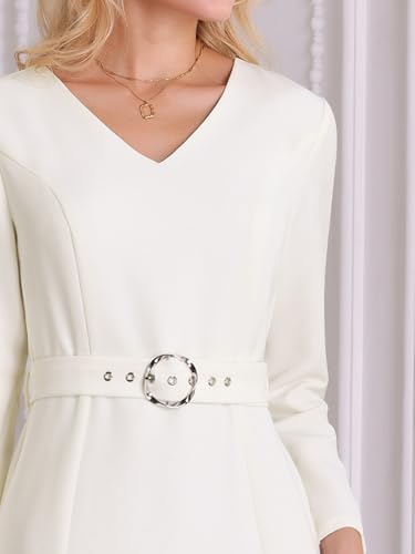 Women's Flare Dress V Neck Long Sleeve Belted 2024 Elegant Work Dresses4