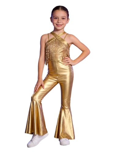 TiaoBug Déguisement Disco Enfant Fille Combinaison Années 70 Costume Hippie Années 80s Justaucorps Gymnastique Danse Brillant Salopette Bodysuit 5-16 Ans Or...