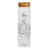 Herz & Heim® Glasflasche 1l mit Namensaufdruck Bambusdeckel Verschluss Blumen und Schmetterling