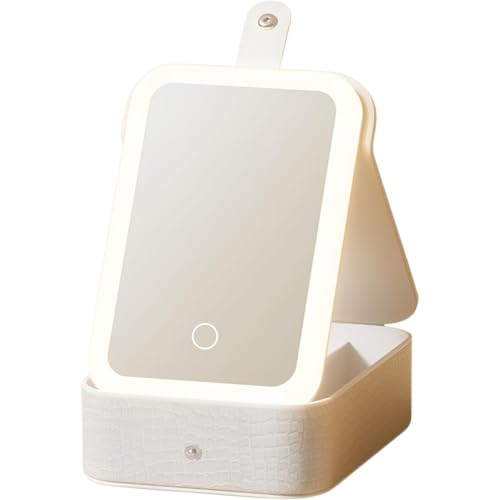 Digglyメイクボックス 鏡付き LEDライト付き コスメ 3色照明 無段階調光 USB充電式 大容量 コスメ収納 仕切り ーチ 小型軽量 持ち運び 旅行 出張用 アクセサリー収納対応 防水仕様 女性向け多機能収納ボックス (ホワイト,小さい) [並行輸