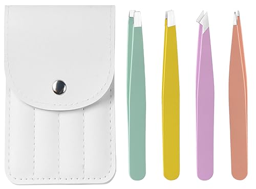 毛抜き 4本セット 精密 ピンセット ステンレス製 先斜め 先細 平タイプ 眉毛用 顔 角質取り 角栓取り 耳毛処理 鼻毛 ヒゲ レ 革製の収納が付