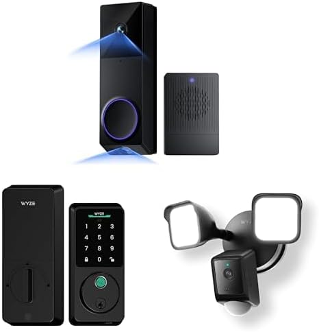 Bundle of WYZE Wireless Duo Cam Video Doorbell (Chime Included) + Wyze Auto-Lock Bolt v2 + WYZE Floodlight Camera v2, Battery Powered, 2K Full HD Video, 2 Cameras (People and Package), 2-Way Audio