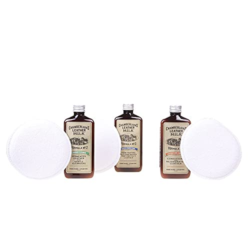 Leather Milk Leather Restoration Kit. Leather Cleaner Conditioner and Water Protector - No. 1-3 Leather Care Kit - All Natural Non-Toxic. 2 Sizes. Made in The USA. Includes 3 Restoration Pads!