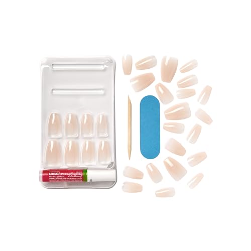 KISS Bare but Better, Press On Nails, Nail glue included, 'Embrace It', Light Nude, Medium Size, Coffin Shape, Includes 28 Nails, 2G Glue, 1 Manicure Stick, 1 Mini File