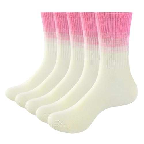 Womens Socks Rainbow Striped Cushioned Crew Socks for Women, Wicking Cotton Gym Tennis Running Athletic Socks, 5 Pairs
