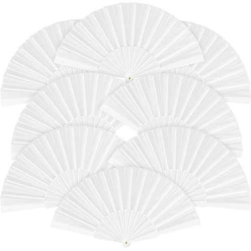 Aodaer 8 Pieces White Handheld Folding Fan Nylon Cloth Chinese Fans with Plastic Handle Decorative Folded Fans for Dancing Party, Wedding Gifts, DIY Crafts, Home Decoration