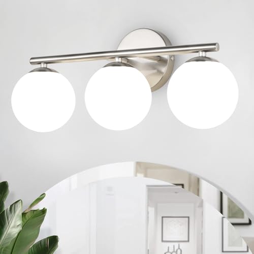 foucasal Brushed Nickel Bathroom Light Fixtures 3-Light Globe Vanity Light with Plastic Milk White Globe Shades 11.81 inch Wall Sconce Lighting Over Mirror Vanity Lights for Bathroom Bedroom Hallway
