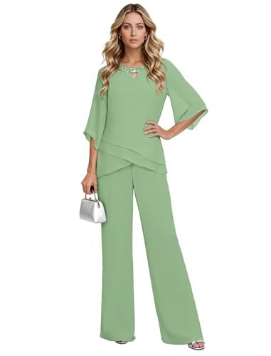 Sage Green Mother of The Bride Pant Suits for Women 2 Pieces Dressy Chiffon Grandmother of Bride Pant Suit Petite Wedding Guest Pantsuits with Sleeves Sage Green 12