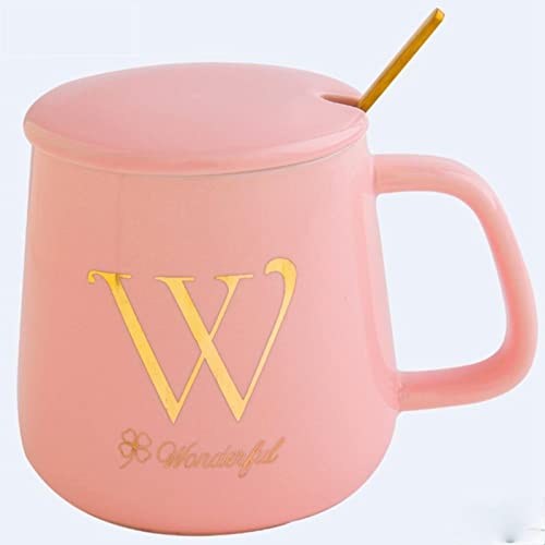 XKUN Mug Tasses Roses Tasses À Café pour La Meilleure Amie Fille Fille avec Couvercle Et Cuillère 26 Lettres Mug Personnalisés Bureau Céramique Mignon Gobelet Eau-W,450Ml