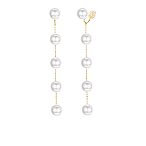 14K Gold Plated 925 Sterling Silver Clip On Earrings Pearl Drop Long Chain Earrings for Women Wedding Bridal Earrings for Brides Ear clips