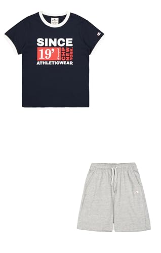 Champion Conjunto de cuello redondo con estampado grande para niño, Azul (BS501), 13-14 años