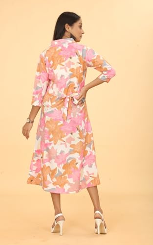 Image of KESUDI A Line Dresses for Women Western Rayon Floral One Piece Dress for Women | Stylish Flared Roll Tab Sleeve | Knee Length Midi Maxi Dress | Wear as Beach, Party