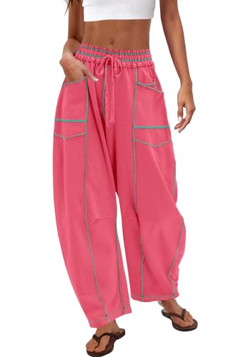 Nirovien Wide Leg Pants Women Baggy Sweatpants High Waisted Pants with Pockets Casual Lounge Pants(Watermelon Red,S)