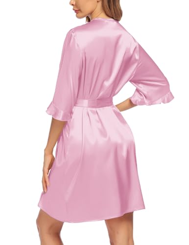 Image of Ekouaer Women's Satin Robe Valentines Lingerie for Women Kimono Bathrobe Short Ruffle Belted Robes Bridesmaids Sleepwear