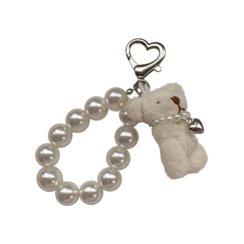 Versatile Plush Bear Keychain with Imitation Pearls Chain Keyring for Daily Use
