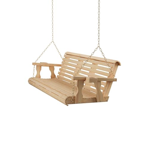 Image of Amish Casual Heavy Duty 700 Lb Capacity Porch Swing with Cup Holders (6 Foot, Unfinished) - Wooden Outdoor Roll Back Swing with Hanging Chains - Amish Made in the USA