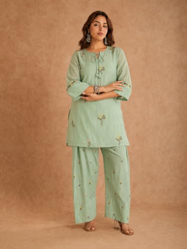 Image of ANNI Designer Farshi Salwar Suit for Women Viscose Embroidered | Co Ord Set for Woman | Straight Kurta Palazzo Outfit Round Neck V Slit 3 /4 Sleeve Ethnic Dress Womens Clothing