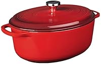 Lodge 7 Quart Enameled Cast Iron Oval Dutch Oven with Lid – Dual Handles – Oven Safe up to 500° F or on Stovetop - Use to Marinate, Cook, Bake, Refrigerate and Serve – Red