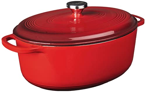 Lodge 7 Quart Enameled Cast Iron Oval Dutch Oven with Lid – Dual Handles – Oven Safe up to 500° F or on Stovetop - Use to Marinate, Cook, Bake, Refrigerate and Serve – Red by Lodge - Used condition - US$69.30